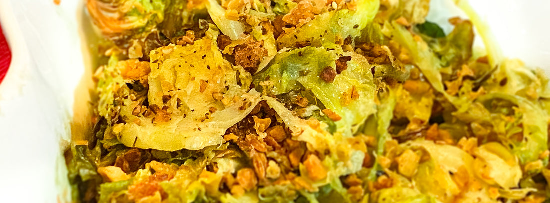 Baked Brussels Salad with Green Superfood Dressing
